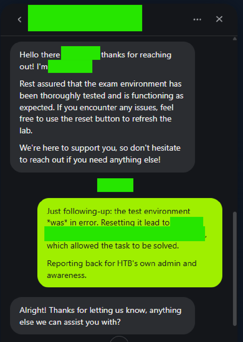 HTB support ticket